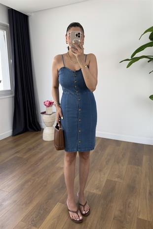Peyta Mavi Tahta Düğme Detaylı Denim Elbise