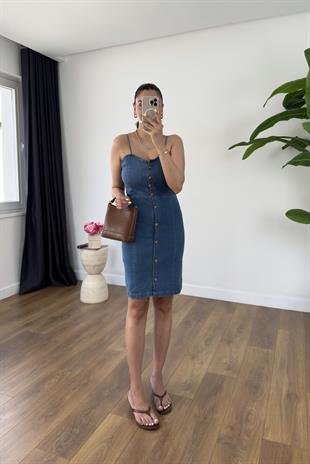 Peyta Mavi Tahta Düğme Detaylı Denim Elbise