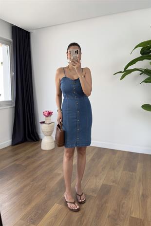 Peyta Mavi Tahta Düğme Detaylı Denim Elbise