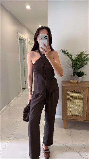 Pihola Acı Kahve Halter Yaka Yelek Pantolon Takım