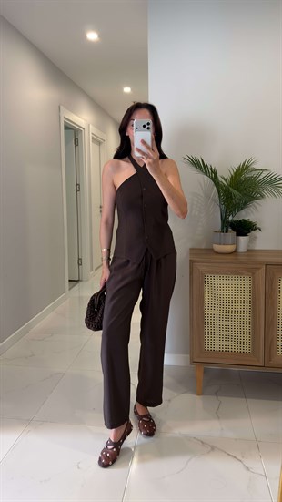 Pihola Acı Kahve Halter Yaka Yelek Pantolon Takım