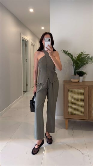 Pihola Haki Halter Yaka Yelek Pantolon Takım