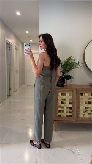 Pihola Haki Halter Yaka Yelek Pantolon Takım