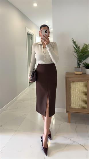 Polen Kahve Önden Yırtmaç Detaylı Etek