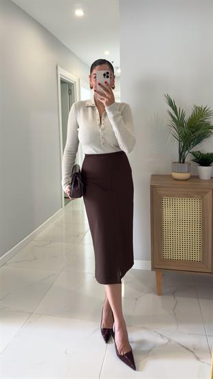 Polen Kahve Önden Yırtmaç Detaylı Etek