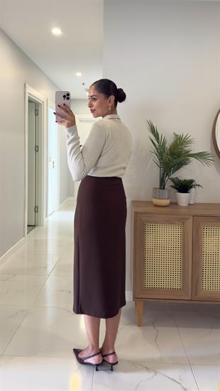 Polen Kahve Önden Yırtmaç Detaylı Etek