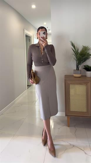 Polen Vizon Önden Yırtmaç Detaylı Etek