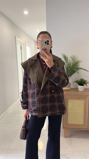 Polin Haki Pelerinli Çift Taraflı Ekoseli Trençkot