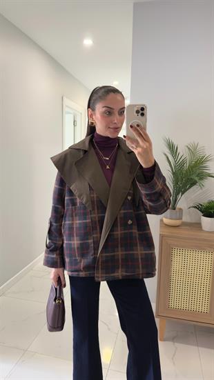 Polin Haki Pelerinli Çift Taraflı Ekoseli Trençkot