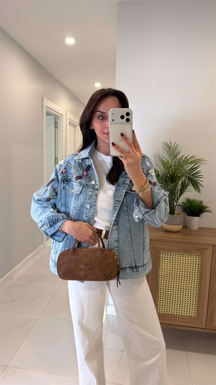 Pollana Mavi Kar Yıkama Boncuk İşleme Detaylı Denim Ceket