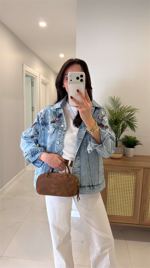 Pollana Mavi Kar Yıkama Boncuk İşleme Detaylı Denim Ceket