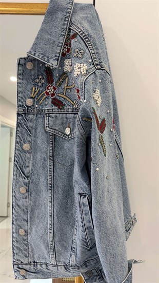 Pollana Mavi Kar Yıkama Boncuk İşleme Detaylı Denim Ceket