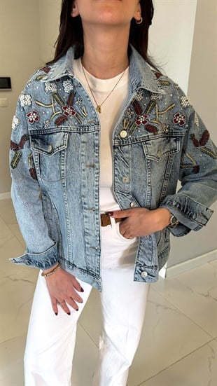 Pollana Mavi Kar Yıkama Boncuk İşleme Detaylı Denim Ceket