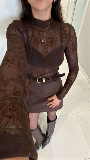 Pondre Kahve Desenli Tül Bluz