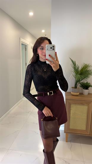 Pondre Siyah Desenli Tül Bluz