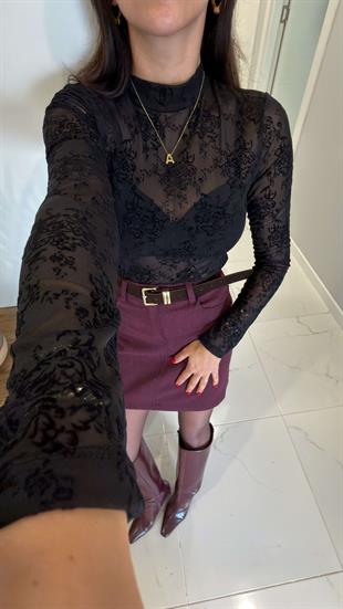 Pondre Siyah Desenli Tül Bluz