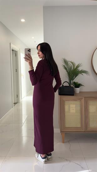 Ponne Bordo Uzun Kol Fitilli Elbise