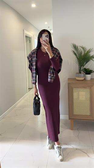 Ponne Bordo Uzun Kol Fitilli Elbise