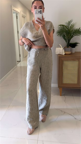 Ponse Olive Beli Bağlamalı Bluz Pantolon Takım