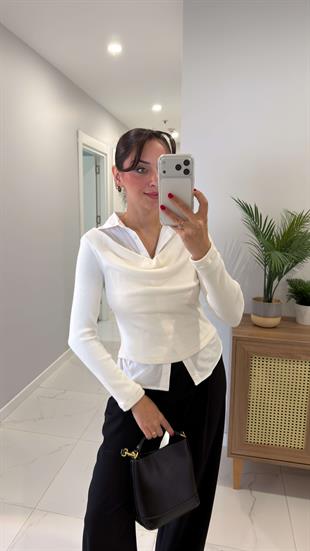 Porenwa Ekru Gömlek Yaka Detaylı Bluz