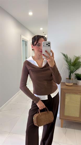 Porenwa Kahve Gömlek Yaka Detaylı Bluz