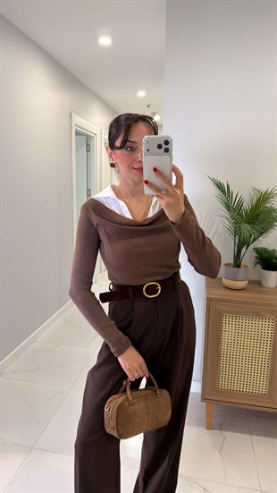 Porenwa Kahve Gömlek Yaka Detaylı Bluz