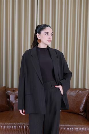 Portekiz Kahve Çizgili Blazer Pantolon Takım