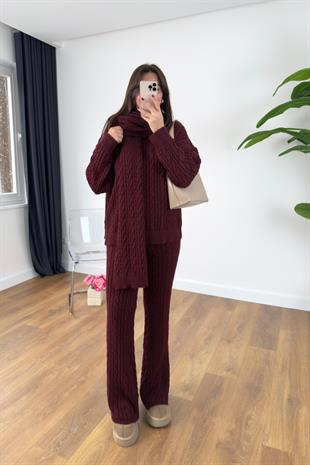 Possa Bordo Saç Örgü Atkı Detaylı İkili Takım