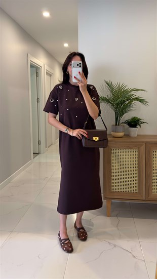 Poyana Kahve İnci İşleme Detaylı Elbise