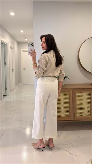 Prensla Ekru Önü Çımalı Pantolon