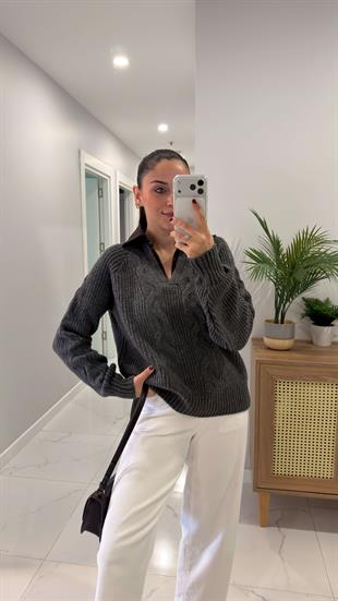 Protte Antrasit Kahve Yakası Kot Detaylı Triko