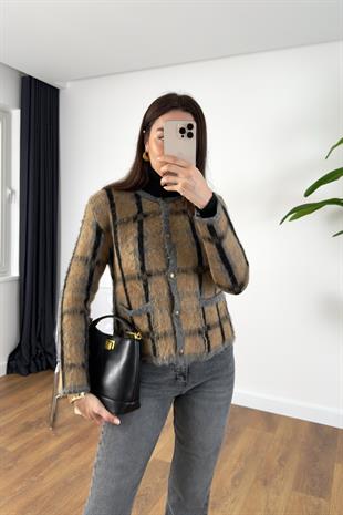 MD Puane Gri Camel Şerit Detaylı Triko Hırka