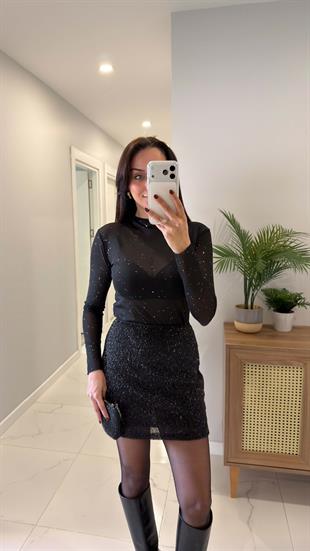 Puca Siyah Işıltılı Tül Bluz