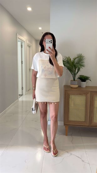 Pusina Krem işleme Boncuk Detaylı Etek