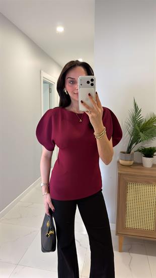 Pusla Bordo Kol Detaylı Bluz