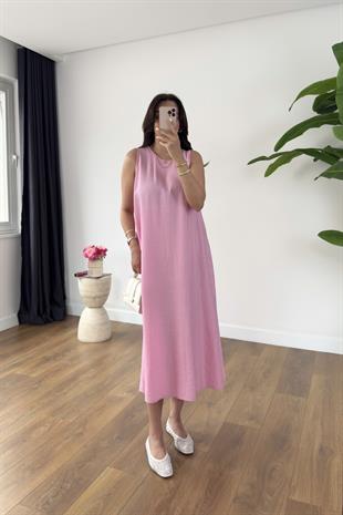 Radi Pembe Yırtmaç Detaylı Kolsuz Elbise