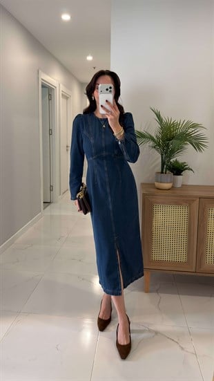 Rahby Koyu Mavi Dikiş Detaylı Denim Elbise
