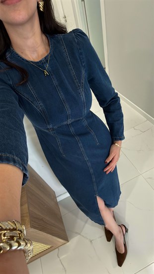 Rahby Koyu Mavi Dikiş Detaylı Denim Elbise