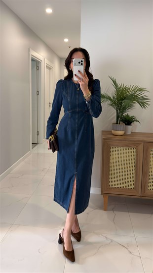 Rahby Koyu Mavi Dikiş Detaylı Denim Elbise