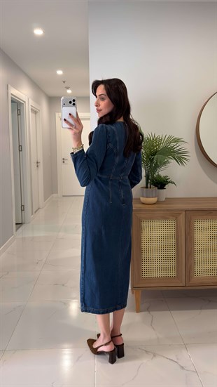 Rahby Koyu Mavi Dikiş Detaylı Denim Elbise