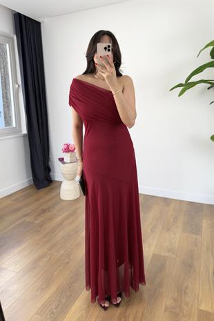 Rany Bordo Tek Omuz Detaylı Astarlı Tül Elbise