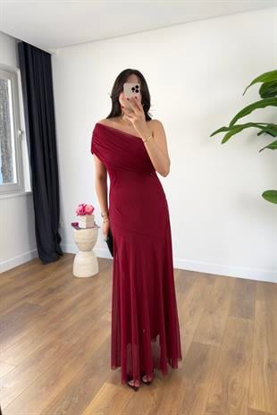 Rany Bordo Tek Omuz Detaylı Astarlı Tül Elbise