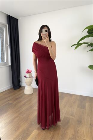 Rany Bordo Tek Omuz Detaylı Astarlı Tül Elbise