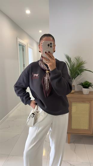 Ravix Antrasit Gold Toka Detaylı Fularlı Sweat