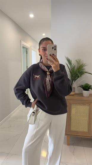 Ravix Antrasit Gold Toka Detaylı Fularlı Sweat