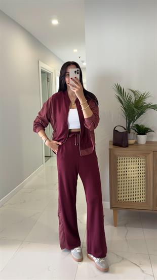Rendry Bordo Paraşüt Detaylı Kapüşonlu Pantolon Takım