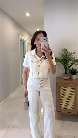 Renilda Ekru Crop Ceket Pantolon Takım