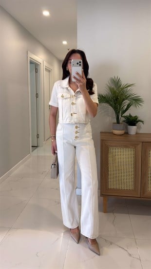 Renilda Ekru Crop Ceket Pantolon Takım