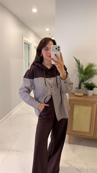 Choni Kahve Ekru Premium Gömlek Garnili Takım