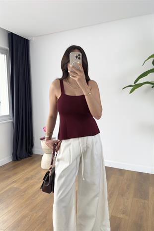 Reny Bordo Askılı Triko Bluz